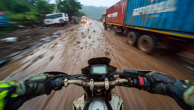Point of view shot of biker struggling to ride over slippery road filled with mud and pot holes in India, as he encounters a truck coming toward him and panics to halt
