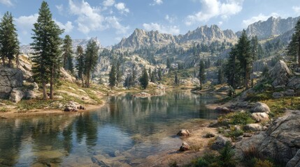 Serene Mountain Landscape with Calm River and Lush Greenery Amidst Majestic Rocky Peaks Under a Clear Blue Sky