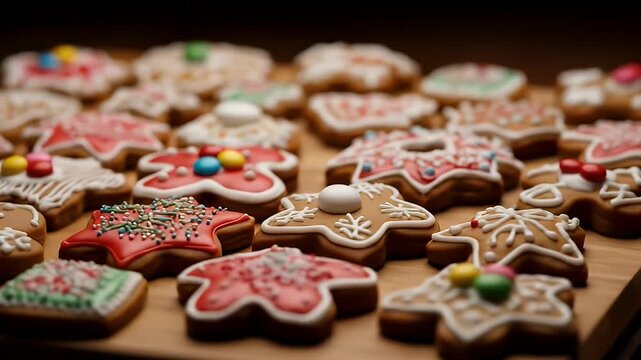 Rows of various iced gingerbread cookies on a wood surface in festive colors and shapes