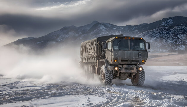 Military truck crosses a snowy field