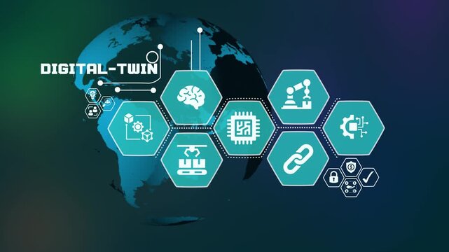 Digital twin technology concept with virtual system simulation and smart global network interface design.