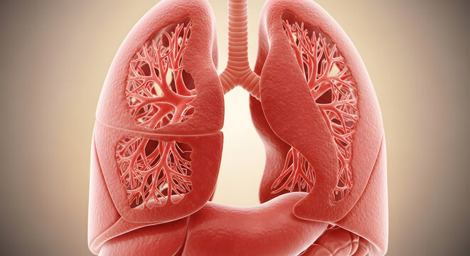 Detailed human lungs and trachea with internal bronchioles structure for medical education and health resources