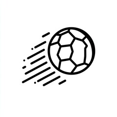 A black and white graphic of a soccer ball with motion lines, indicating speed
