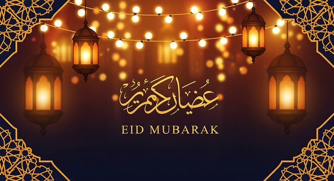 Eid Mubarak greeting with traditional lanterns and string lights