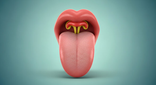 Detailed human mouth displaying a prominent tongue, uvula, and soft palate for anatomical study