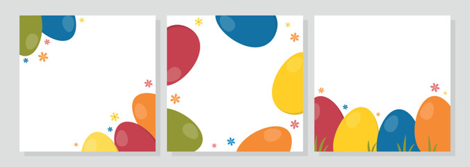 Set of Easter square card with colorful eggs and flowers. Templates for design, greeting card, invitation, post, sale, promotion. © YevgeniyaKoln