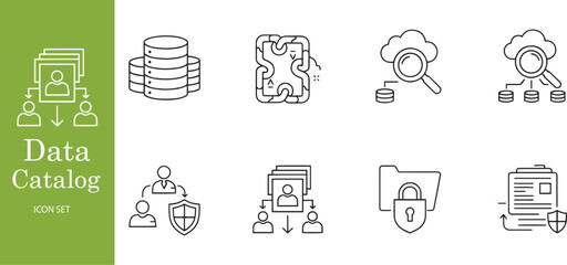 Data Catalog and User Permission Icon Set with Secure Cloud Search and Information Access Control Symbols