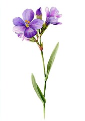 Delicate watercolor painting of a purple flower with green stem and leaves on white