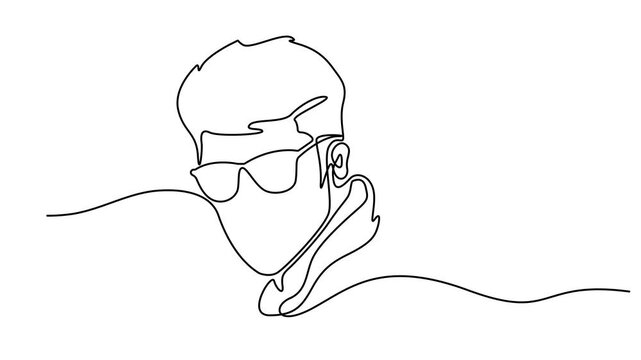 Animated self drawing of Continuous one line drawing of man with sunglasses and beard isolated. Self drawing animation one continuous line draw of a man with glasses in profile. 4K animation video