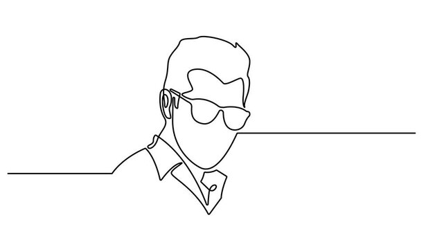 Animated self drawing of Continuous one line drawing of man with sunglasses and beard isolated. Self drawing animation one continuous line draw of a man with glasses in profile. 4K animation video