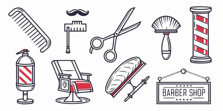 A collection of vintage barber tools and accessories arranged on a white background Vector