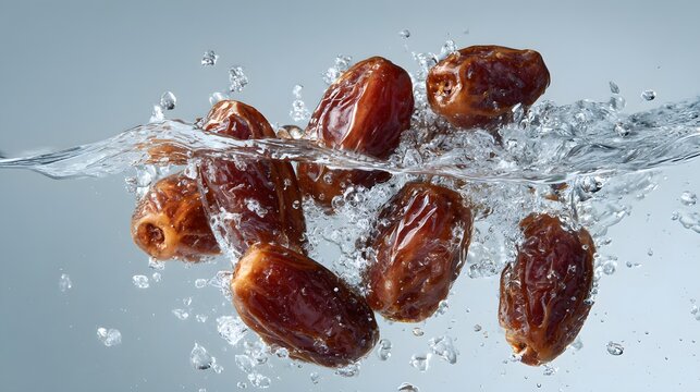 Fresh dates falling into clear water with splash and bubbles