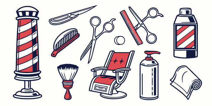 A variety of barber tools and products neatly arranged on a white background Vector