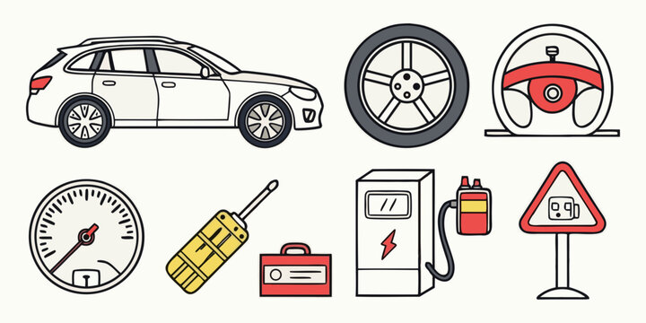 A collection of road safety symbols and icons representing various driving conditions and warnings. Vector
