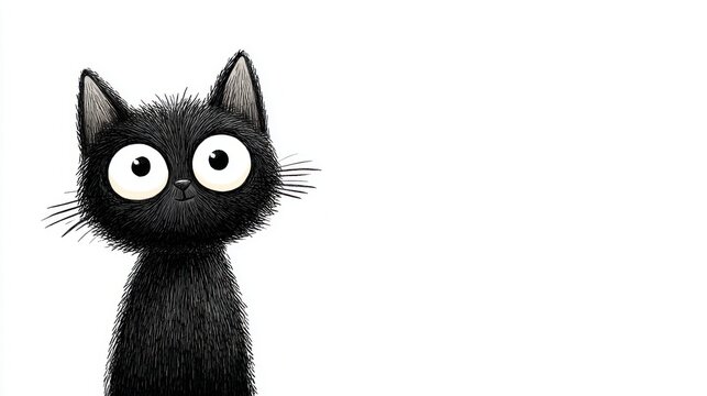 Cute cartoon black cat with big eyes looking at the viewer on a white background