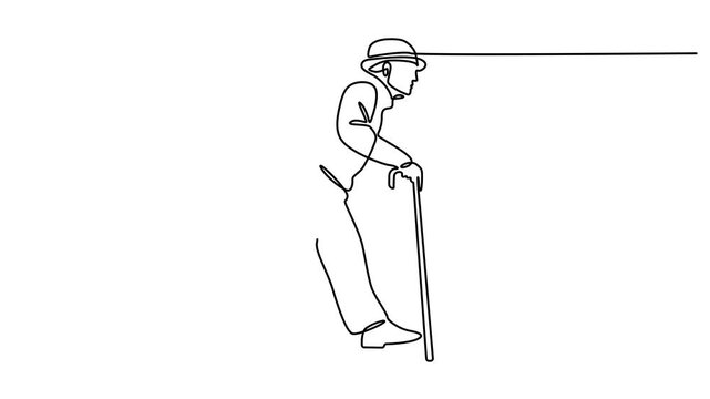 Animated self drawing of continuous line art of an old man in a hat walking with a cane. Old man walking with walking cane in continuous one line drawing. Full length one line animation. 4K video