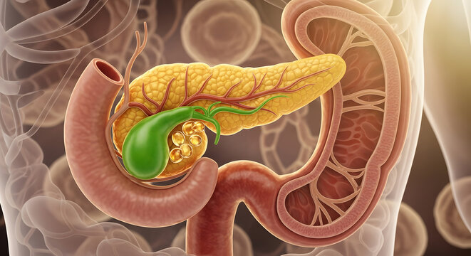 Detailed human pancreas and gallbladder with duodenum showing connection to the digestive system