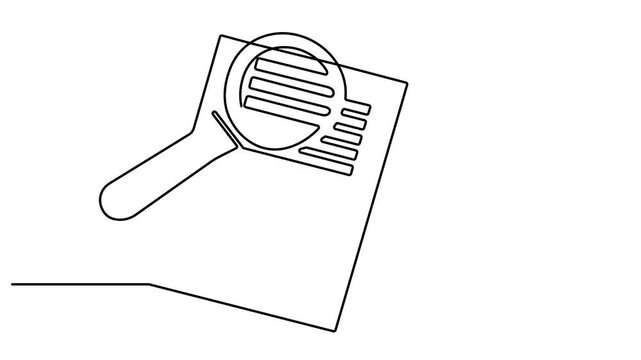 Animated self drawing of continuous line draw paper document with magnifying glass. Office notes concept. Continuous one line drawing Search web concept. Full length one line animation. 4K video