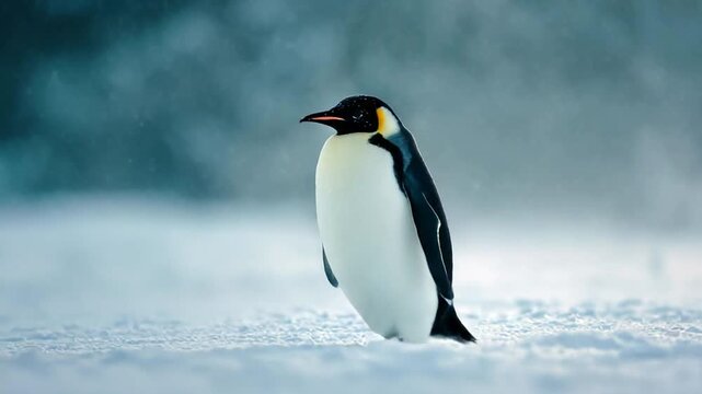 Emperor penguin walking in snowy landscape, serene scene