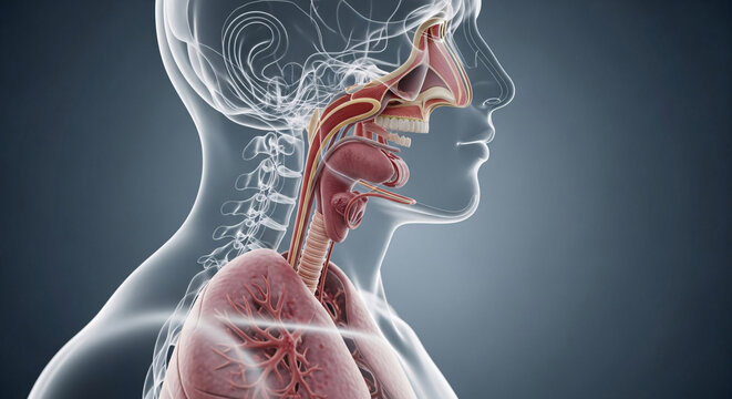 Detailed human respiratory system anatomy displaying lungs and airways within a translucent body profile