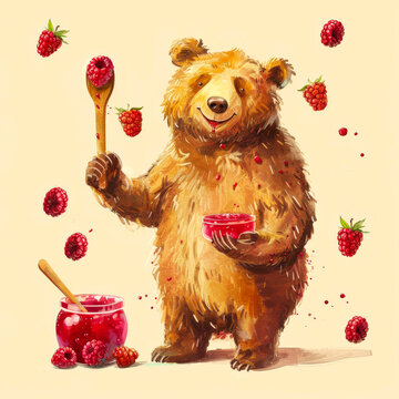  Joyful cartoon brown bear with jar of raspberry jam. Funny fantasy illustration. Copy space