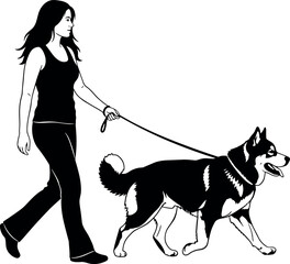 Black and white vector illustration of a young woman walking her husky dog on a leash isolated on white background © Natasha Laura 