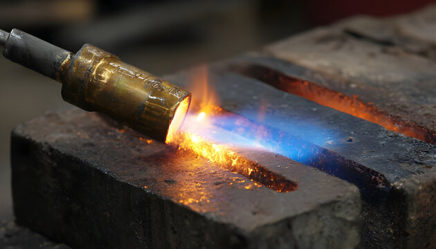 MAPP gas torch heats ingot mold in preparation for pouring molten metal.