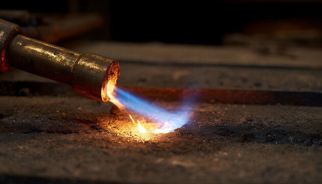 MAPP gas torch heats ingot mold in preparation for pouring molten metal.