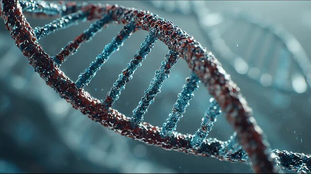 Microscopic view of a rotating DNA double helix molecule structure with bokeh background