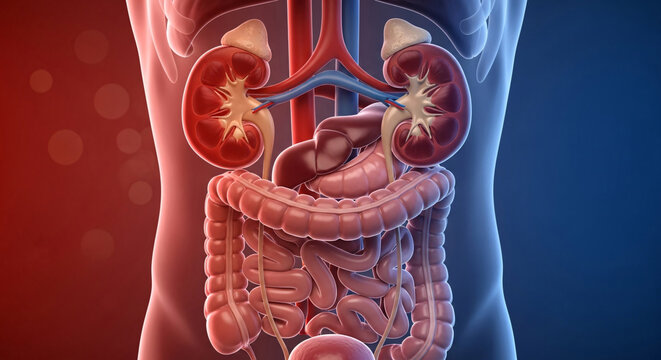 Detailed human torso anatomy showing kidneys, intestines, and internal organs in a comprehensive medical illustration
