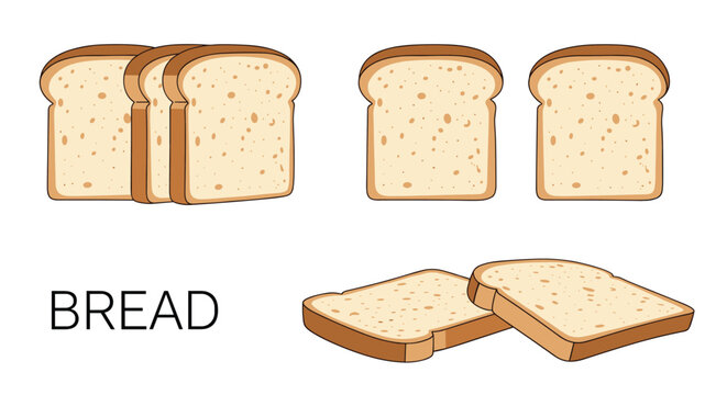 Several groups of fresh white bread slices and a couple of horizontal slices with the text bread on a white background.