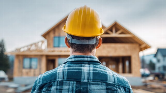 Construction worker looking at a house under construction