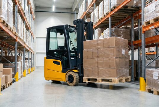 Zero emission electric forklift moving a shrink wrapped pallet in a warehouse aisle