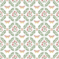 Floral and Butterfly Seamless Pattern on White Background. Hand painted. Gentle design for fabric, wrap paper or wallpaper © ElenaDoroshArt
