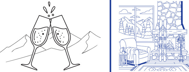 Minimalist line art of a champagne toast against a mountain backdrop, paired with a blue-inked cozy lodge interior featuring a fireplace, armchair, and skis. © Muhammad