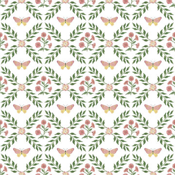 Floral and Butterfly Seamless Pattern on White Background. Hand painted. Gentle design for fabric, wrap paper or wallpaper