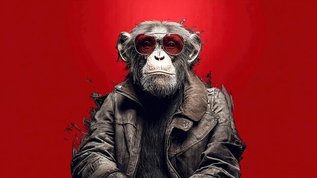 Chimpanzee in sunglasses and leather jacket on a red background