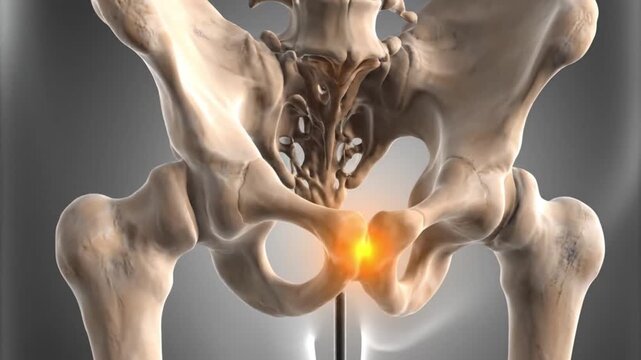3D rendering of human pelvis bones with highlighted pubic symphysis indicating pain or inflammation.