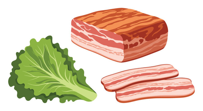 Fresh lettuce leaf is shown next to a large slab of bacon and two thin slices in a clean food-related graphic illustration.