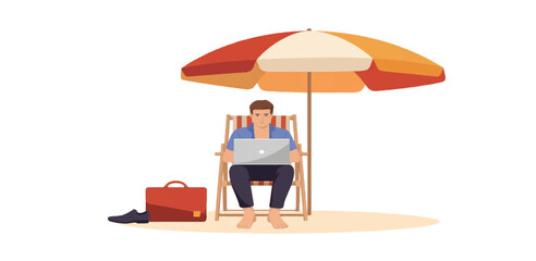 Freelance Man Working on Laptop at a Tropical Beach Under Umbrella Vector Illustration Concept
