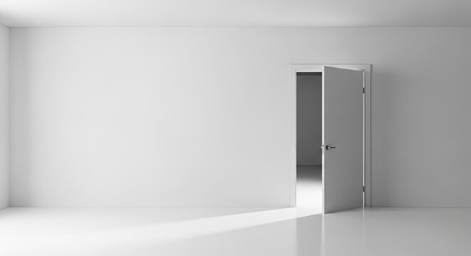 A bright, empty room features a single door slightly ajar, revealing a dark space beyond. The walls are white and reflect the light, creating a sense of spaciousness and mystery.