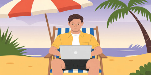 Digital Nomad Illustration: Man Working on Laptop at Tropical Beach Under Umbrella for Remote Work Lifestyle Concept