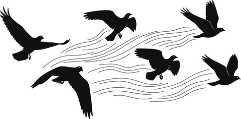 A flock of birds in flight depicted in a striking black silhouette on transparent background high quality professional detailed modern elegant © Ashik