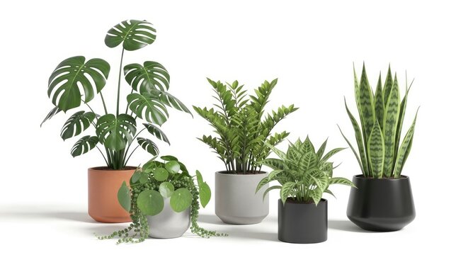 A collection of various houseplants sits on a white surface. A large Monstera deliciosa plant is on the left, accompanied by a Zamioculcas zamiifolia, a Sansevieria, a Peperomia, and a Yucca.
