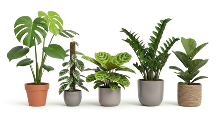 Obraz premium Five potted plants are arranged in a row against a white background. The plants include a Monstera deliciosa, a Calathea, a Zamioculcas zamiifolia, a Philodendron, and a Ficus.