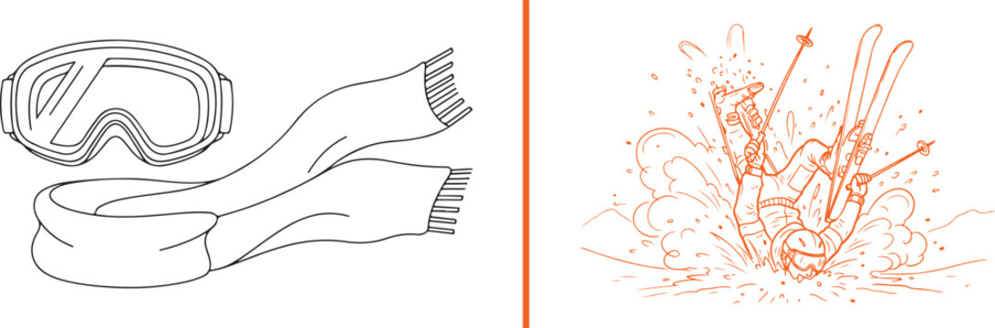 Minimalist line art featuring a pair of ski goggles and a scarf, paired with an orange-outlined illustration of a skier experiencing a dramatic wipeout in the snow.