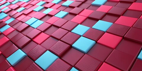 A close-up view of a vibrant and colorful 3d rendered pattern of red and blue squares