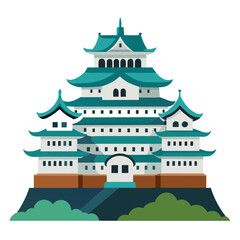 Fototapeta premium Traditional Japanese castle vector illustration with multiple elegant tiers and distinctive teal roofs