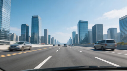 Dynamic view from a car window of a multi-lane urban highway with modern skyscrapers and moving vehicles, showcasing urban business district infrastructure and transportation.