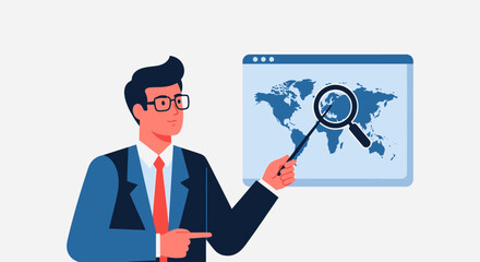 Man in suit pointing at world map with magnifying glass, business presentation © Khfd